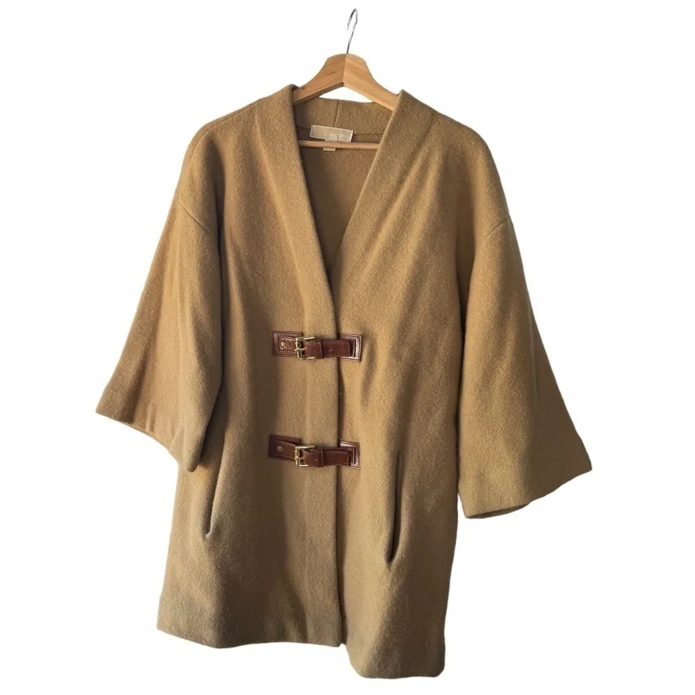 Michael Kors oversized tan wool coat with buckles, size XS